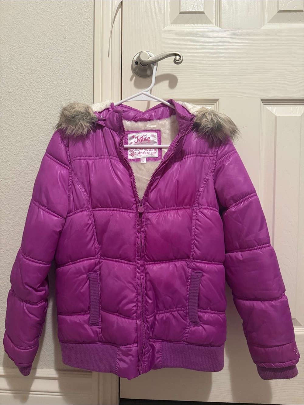 Justice Purple Girls' Puffer Jacket with Faux Fur Trim